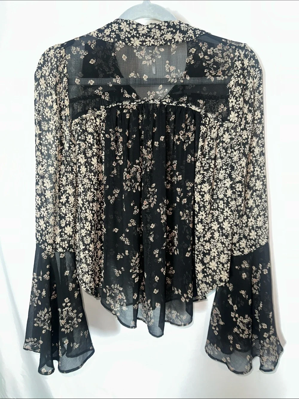 Free People Black Sheer Floral Tie-Front Blouse